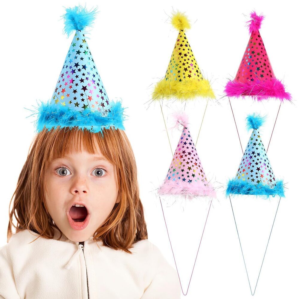 7230 4pcs Stars Glitter Cone Hat with Plume: Birthday Party Hats with pom